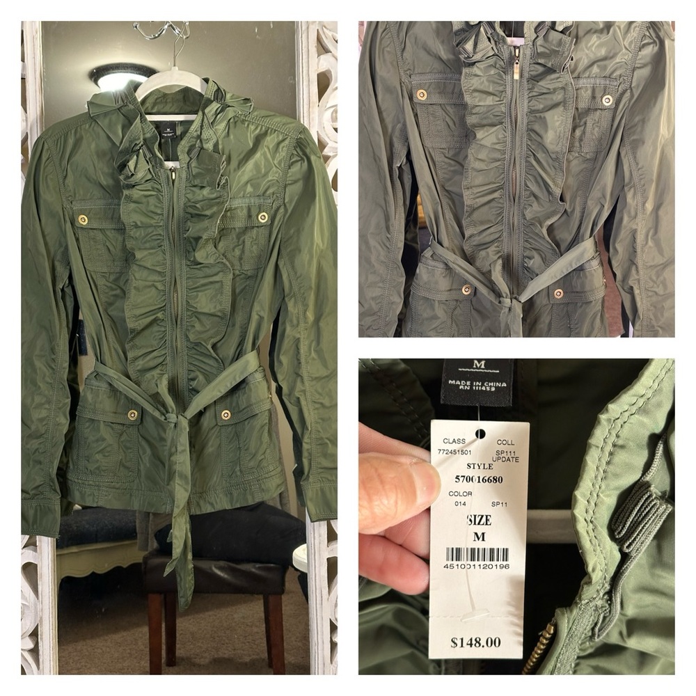 White house Black market….green jacket with belt, size M
